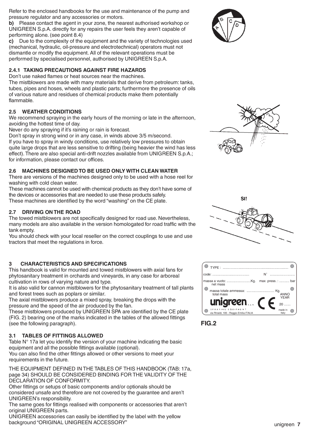 Unigreen P400 Weather Conditions, Driving on the Road, Characteristics and Specifications, Tables of Fittings Allowed 