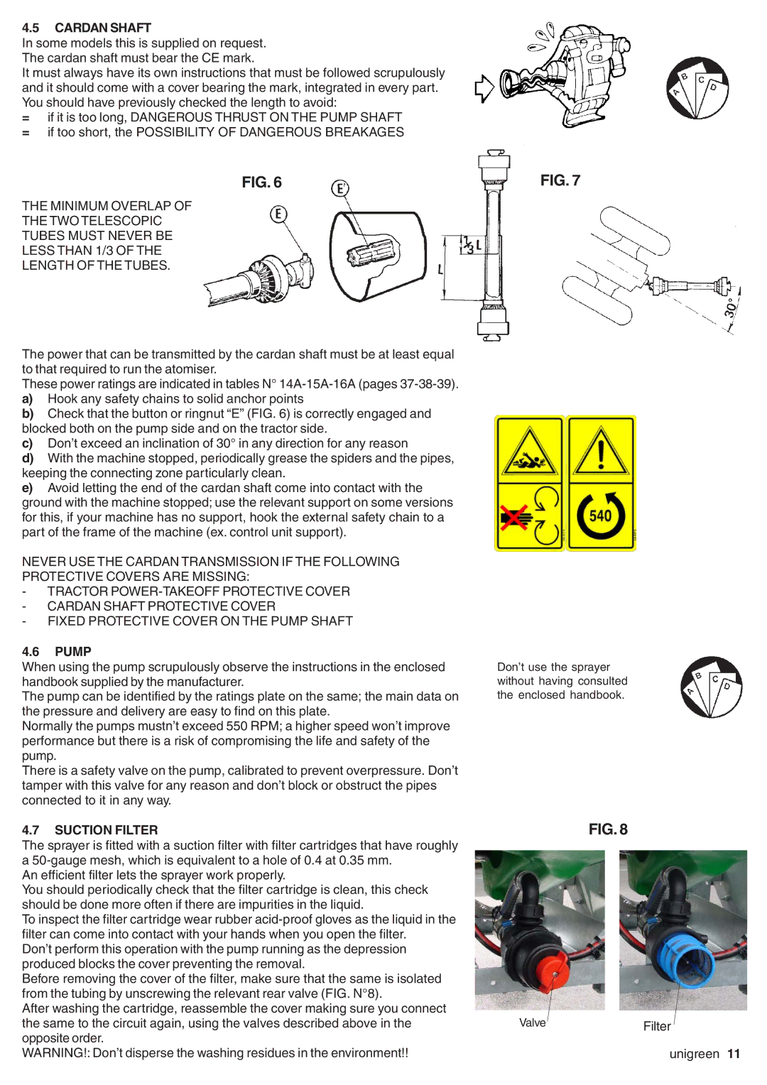 Unigreen EXPO, SIRIO, serie EOLO, DEVIL, AP APC manual Cardan Shaft, Pump, Suction Filter 