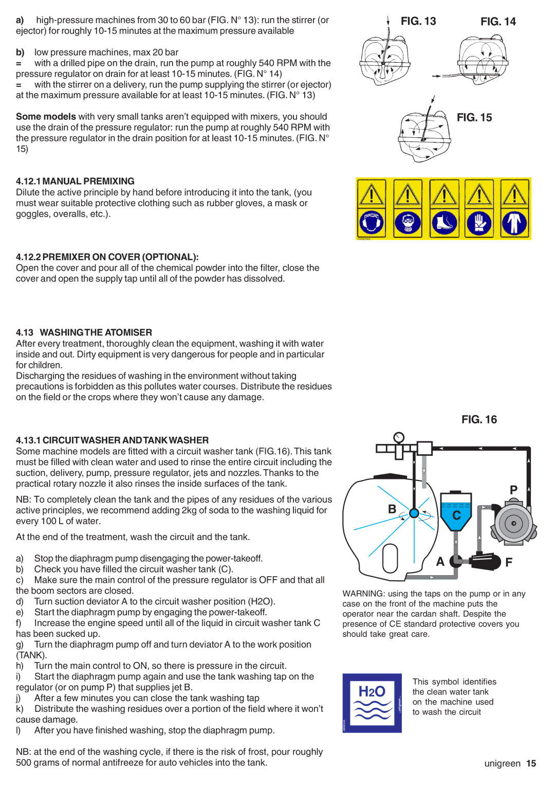 Unigreen SIRIO, EXPO Manual Premixing, Premixer on Cover Optional, Washing the Atomiser, Circuit Washer Andtank Washer 