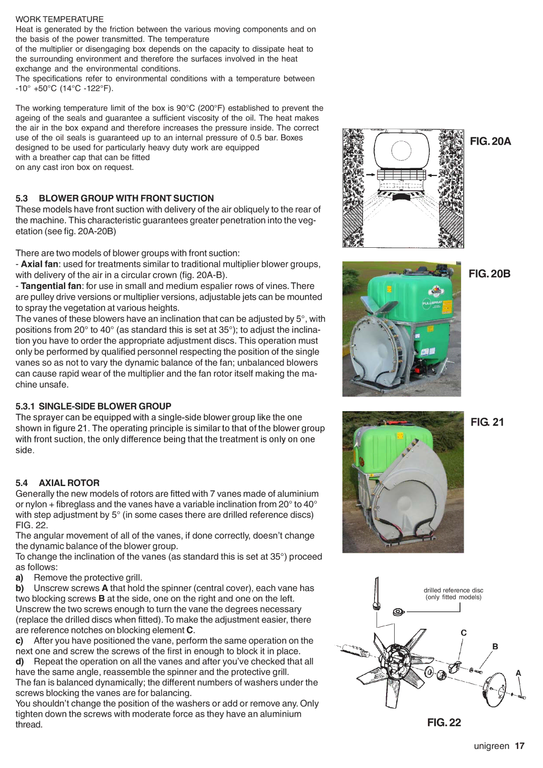 Unigreen serie EOLO, SIRIO, EXPO, DEVIL, AP APC manual Blower Group with Front Suction, SINGLE-SIDE Blower Group, Axial Rotor 