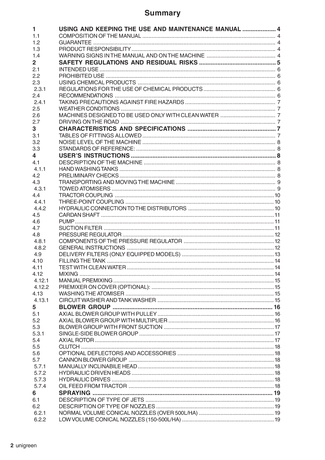 Unigreen serie EOLO, SIRIO, EXPO, DEVIL, AP APC manual Summary 