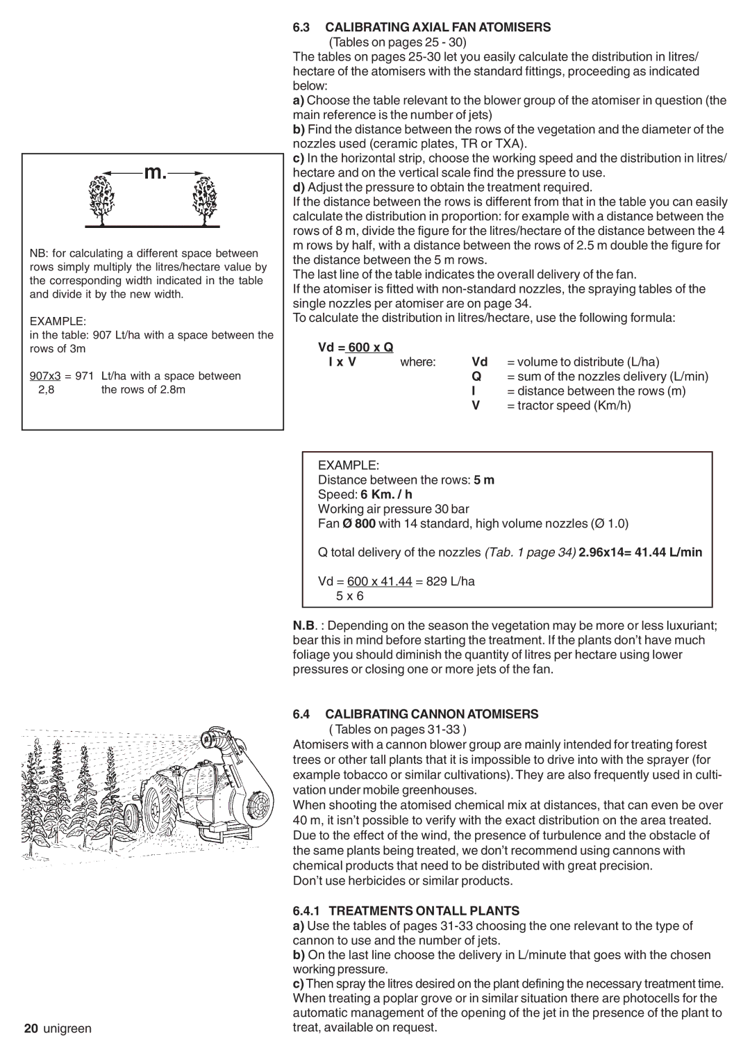 Unigreen SIRIO, EXPO, DEVIL Calibrating Axial FAN Atomisers, Speed 6 Km. / h, Calibrating Cannon Atomisers Tables on pages 
