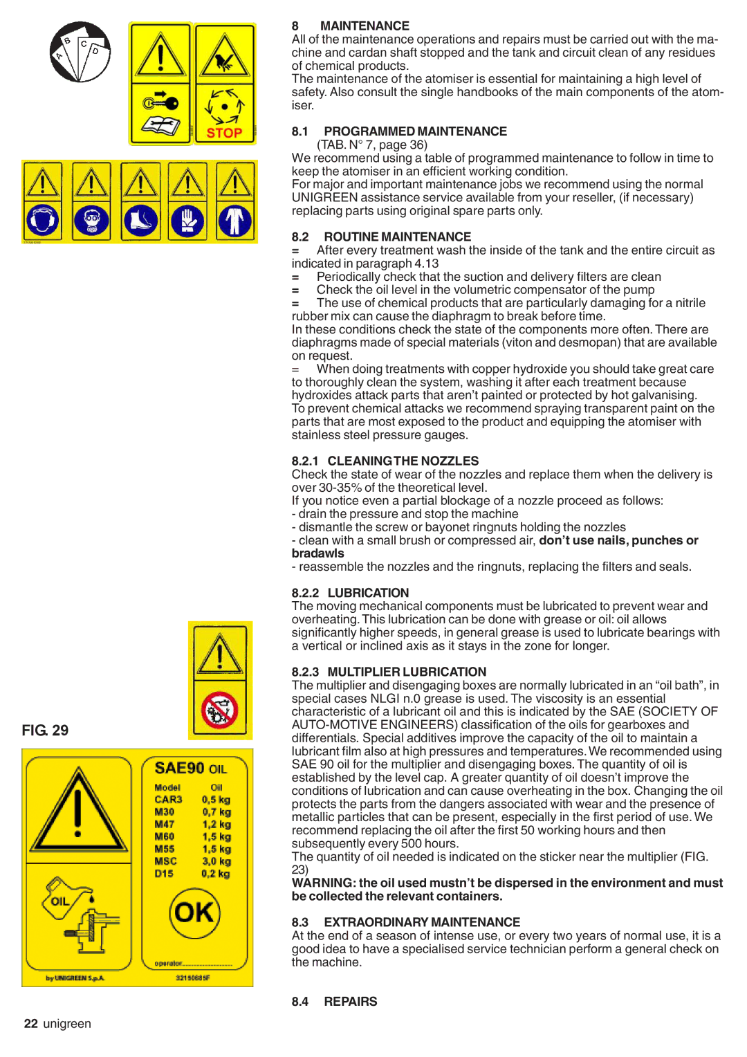 Unigreen serie EOLO, SIRIO Programmed Maintenance, Routine Maintenance, Cleaning the Nozzles, Lubrication, Repairs 