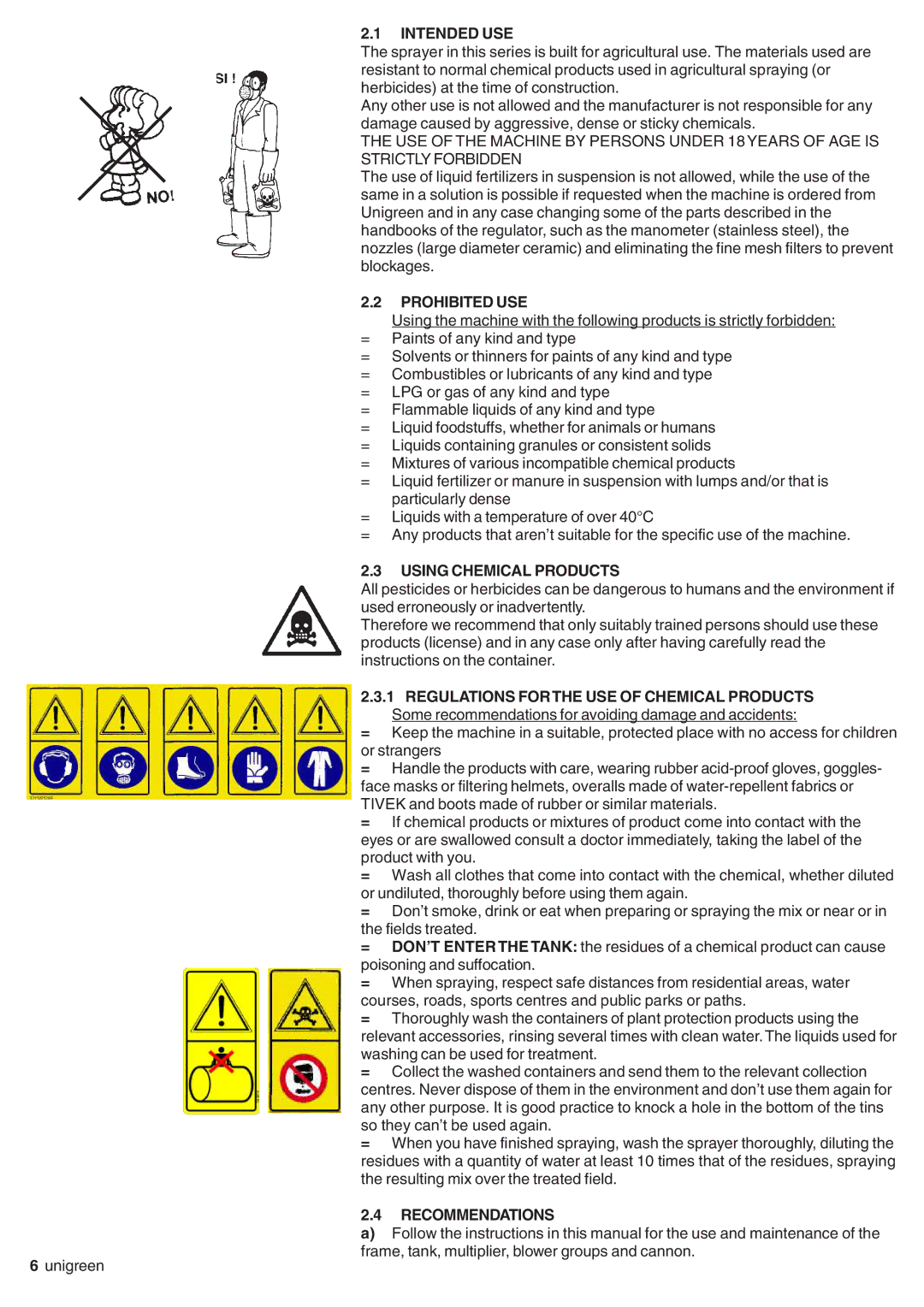 Unigreen EXPO, SIRIO, serie EOLO, DEVIL, AP APC manual Intended USE, Prohibited USE, Using Chemical Products, Recommendations 