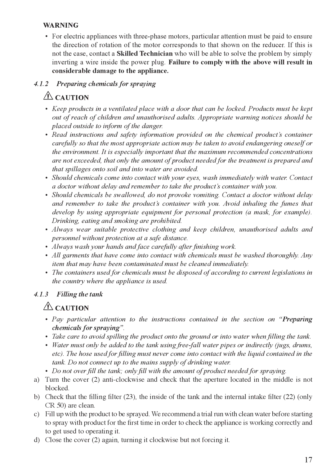 Unigreen Trolleys and Barrows manual Preparing chemicals for spraying, Filling the tank 