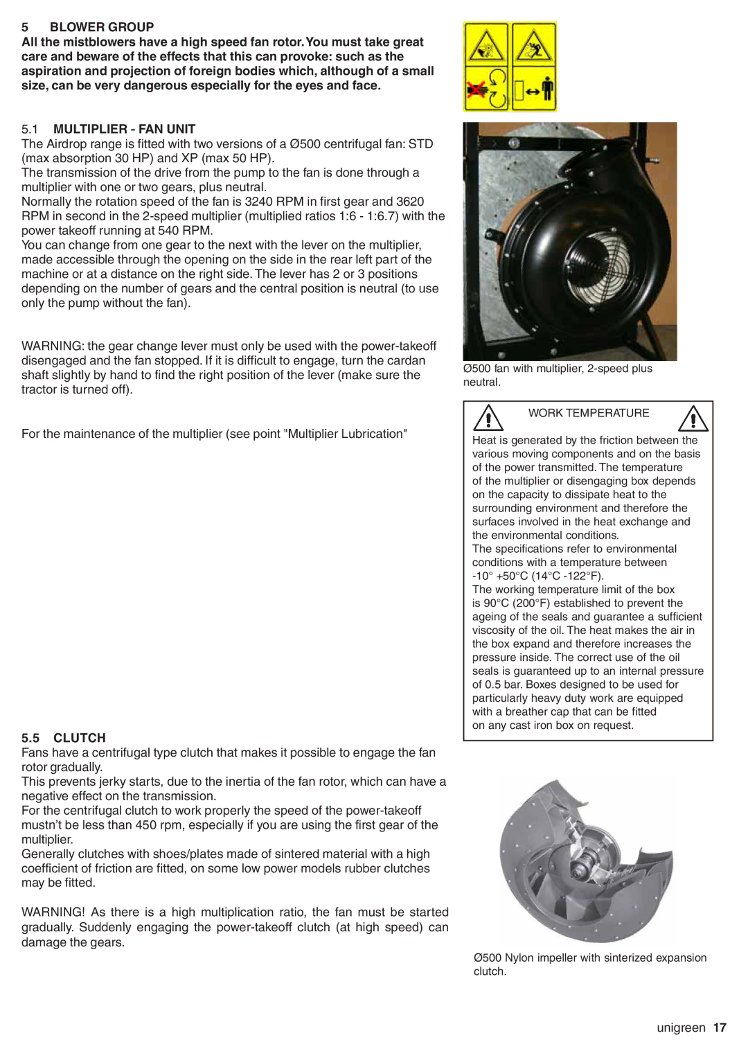 Unigreen Minibar, Ventagli, Super Spalliera, RV-GDC manual Blower Group, Multiplier FAN Unit, Clutch 