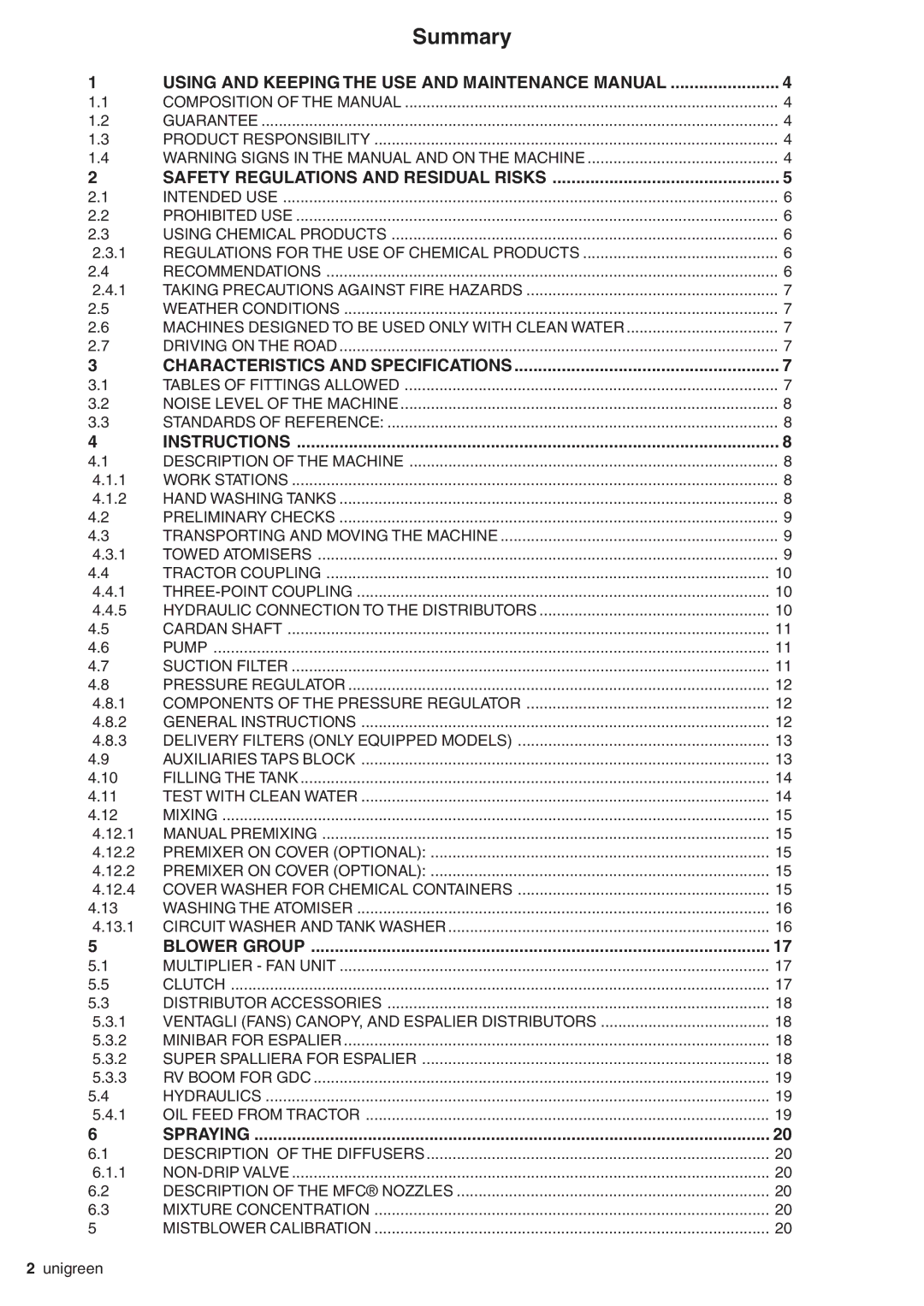 Unigreen Super Spalliera, Ventagli, Minibar, RV-GDC manual Summary 