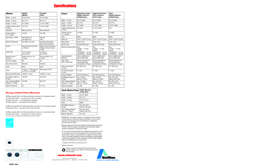 Unimac AU07-208 manual Washer, Dryers 