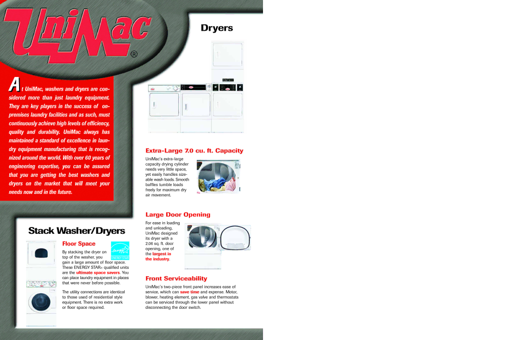 Unimac AU07-208 manual Stack Washer/Dryers 