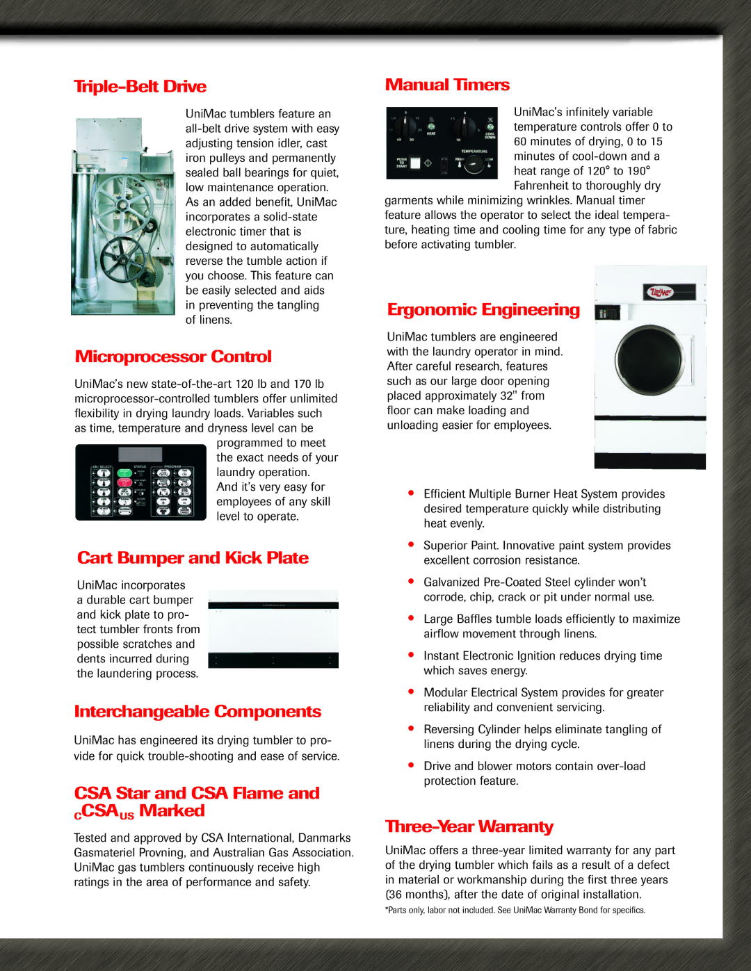 Unimac Clothes Dryer Triple-Belt Drive, Microprocessor Control, Cart Bumper and Kick Plate, Interchangeable Components 