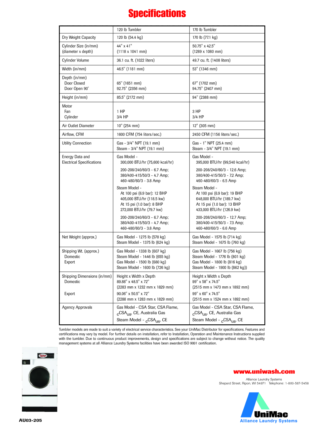 Unimac Clothes Dryer manual Specifications 