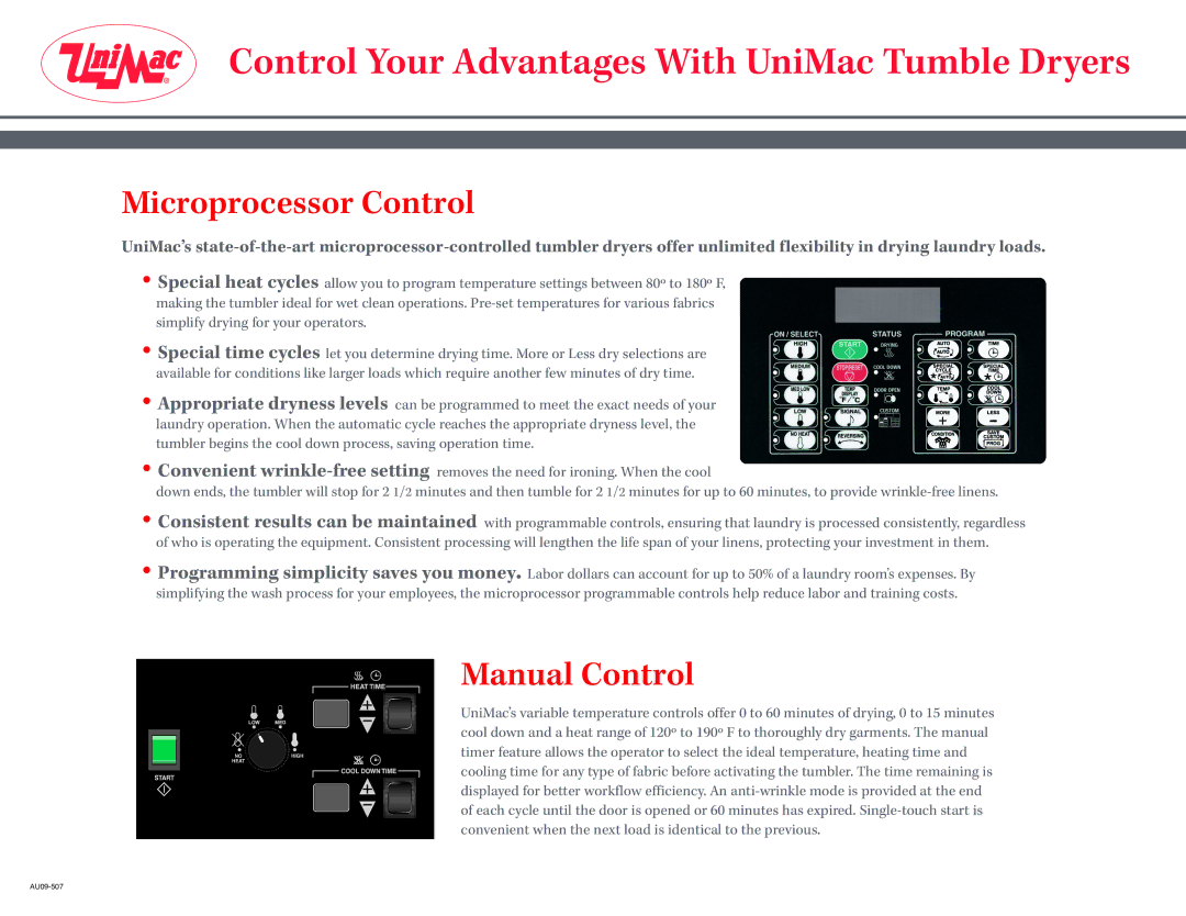 Unimac M30, T-SERIES, M9 manual Control Your Advantages With UniMac Tumble Dryers, Microprocessor Control, Manual Control 