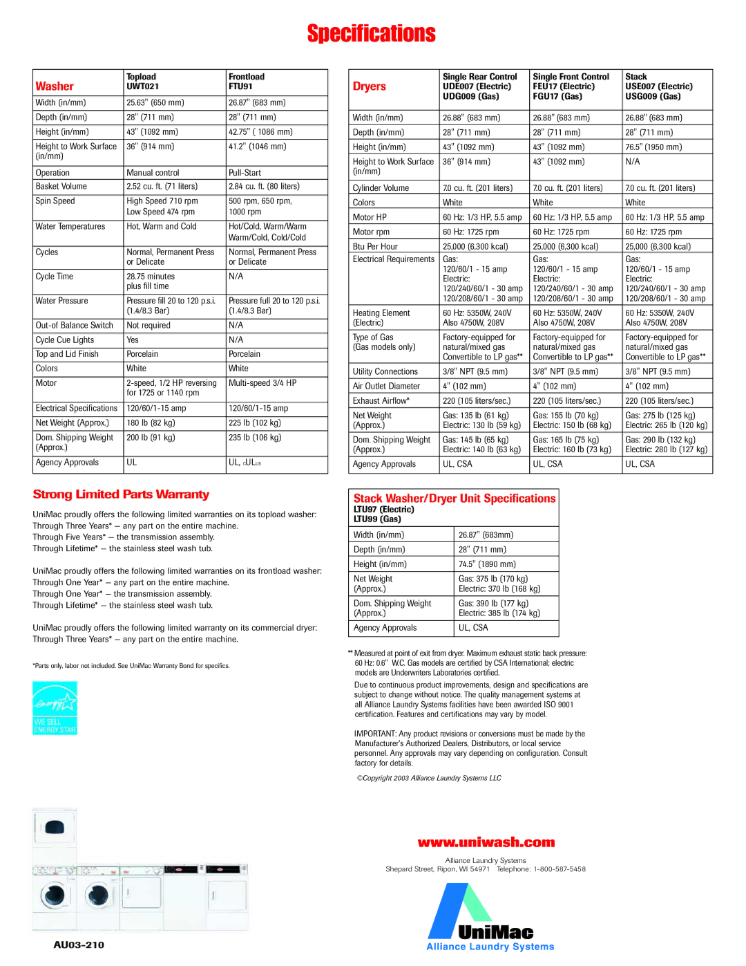 Unimac Washer manual Specifications 