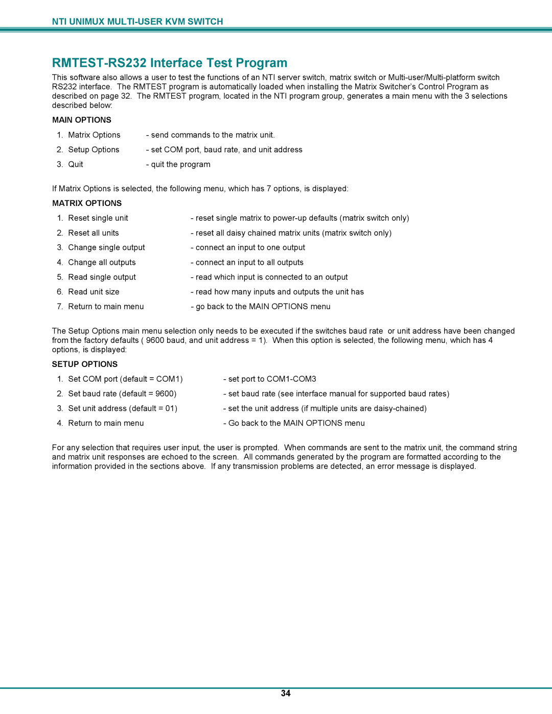 UNIMAX Houseware KVM Switch operation manual RMTEST-RS232 Interface Test Program, Main Options 