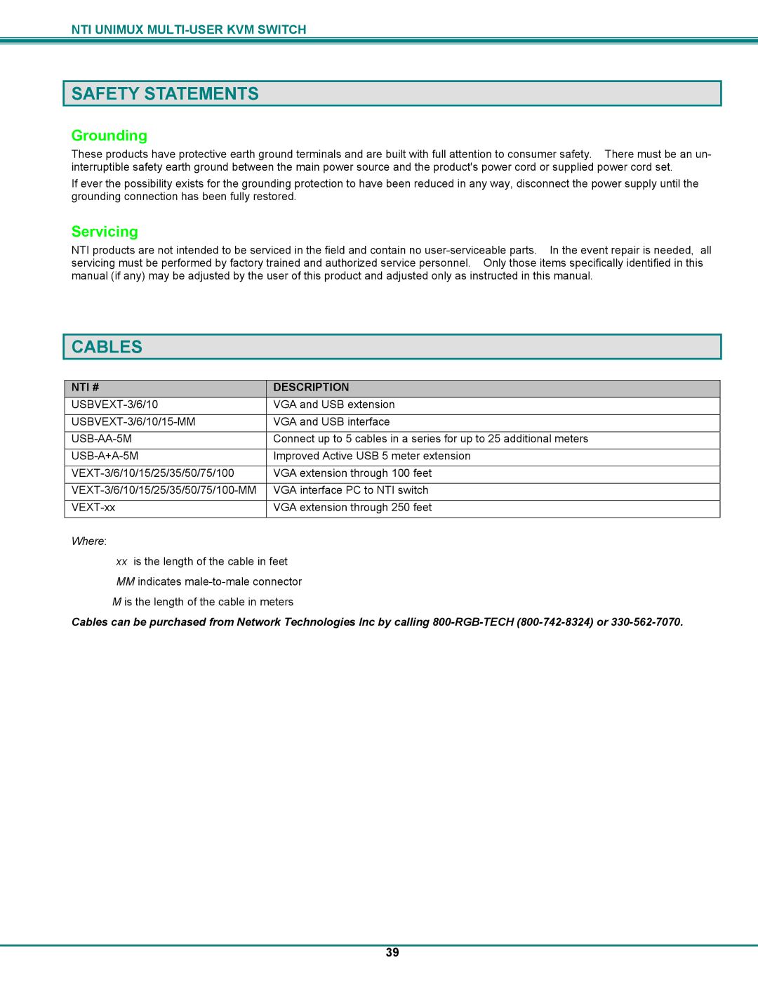 UNIMAX Houseware KVM Switch operation manual Safety Statements, Cables, USB-AA-5M, USB-A+A-5M 