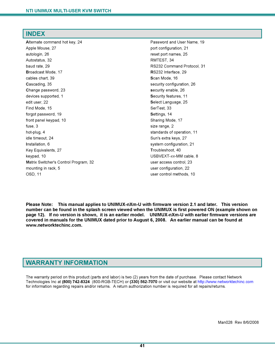 UNIMAX Houseware KVM Switch operation manual Index, Warranty Information, Rmtest 