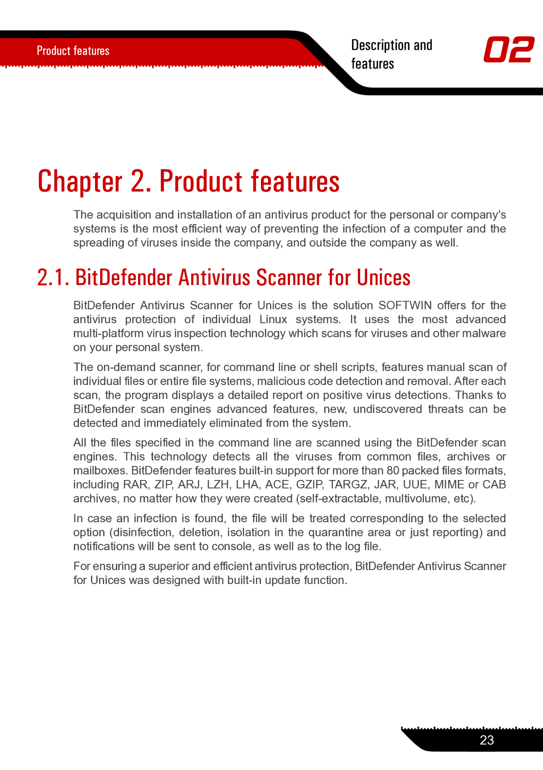 Unisar 1.24.1867 manual Product features, BitDefender Antivirus Scanner for Unices 