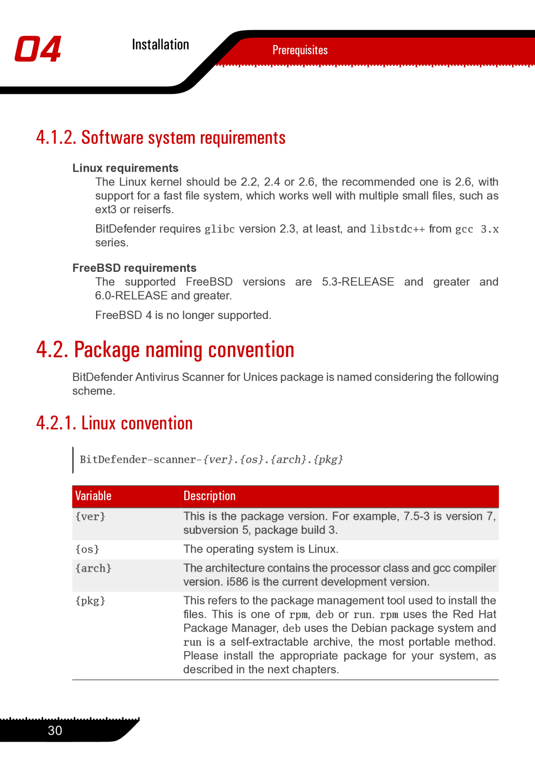 Unisar 1.24.1867 manual Package naming convention, Software system requirements, Linux convention, Linux requirements 