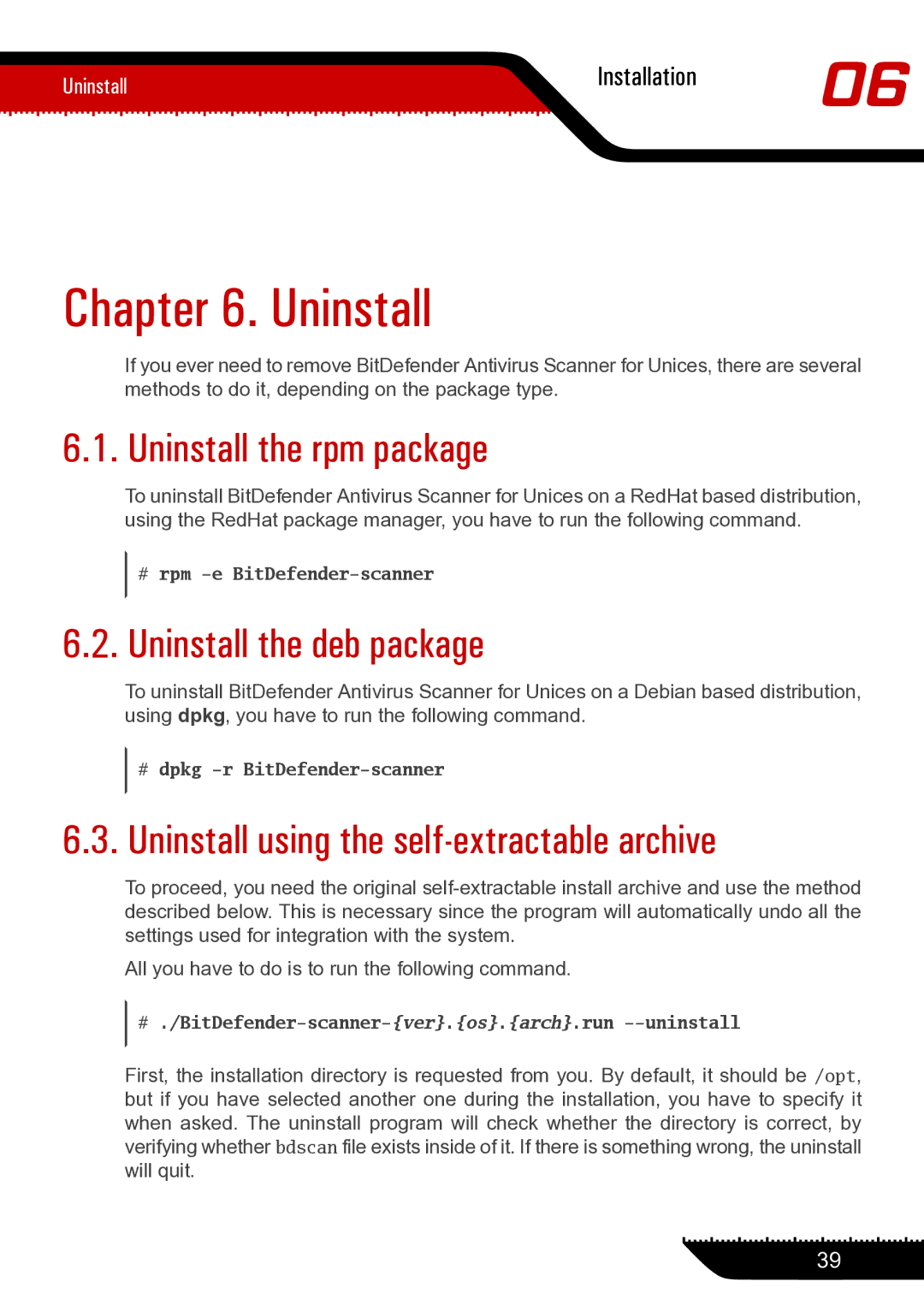 Unisar 1.24.1867 Uninstall the rpm package, Uninstall the deb package, Uninstall using the self-extractable archive 