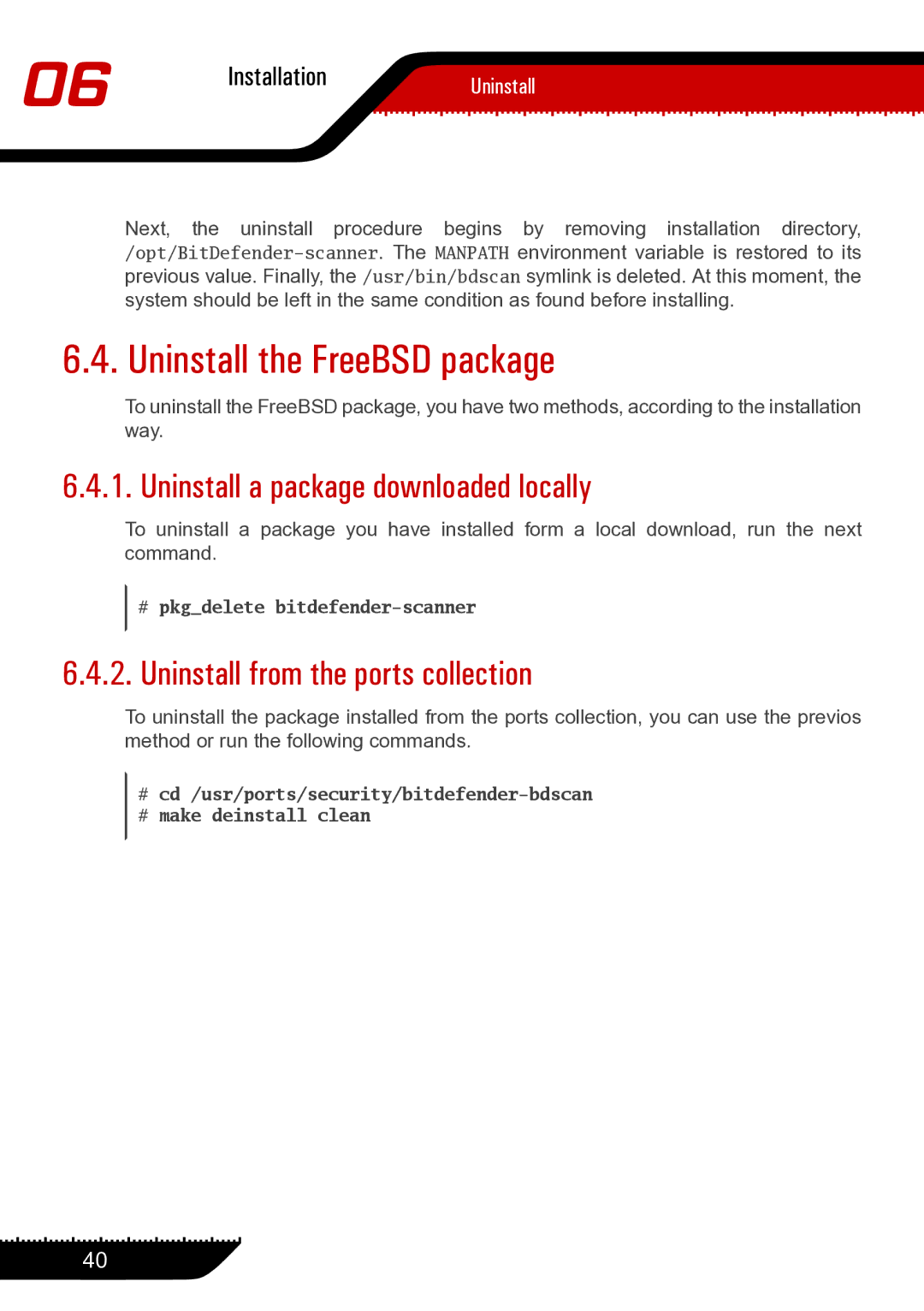 Unisar 1.24.1867 manual Uninstall the FreeBSD package, Uninstall a package downloaded locally 