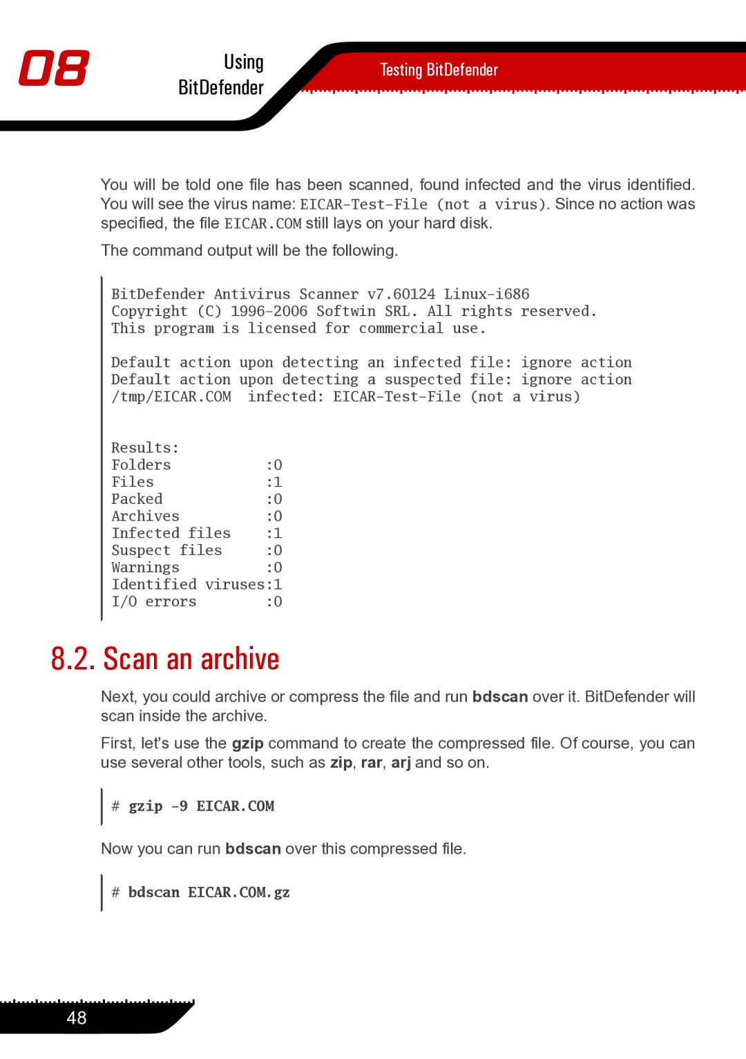 Unisar 1.24.1867 manual Scan an archive, Command output will be the following 