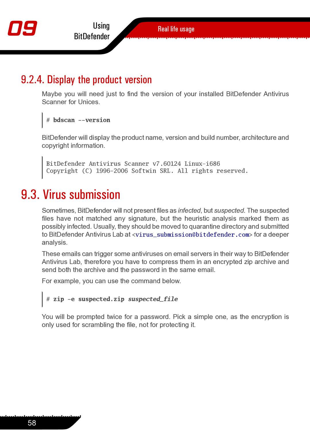 Unisar 1.24.1867 manual Virus submission, Display the product version 