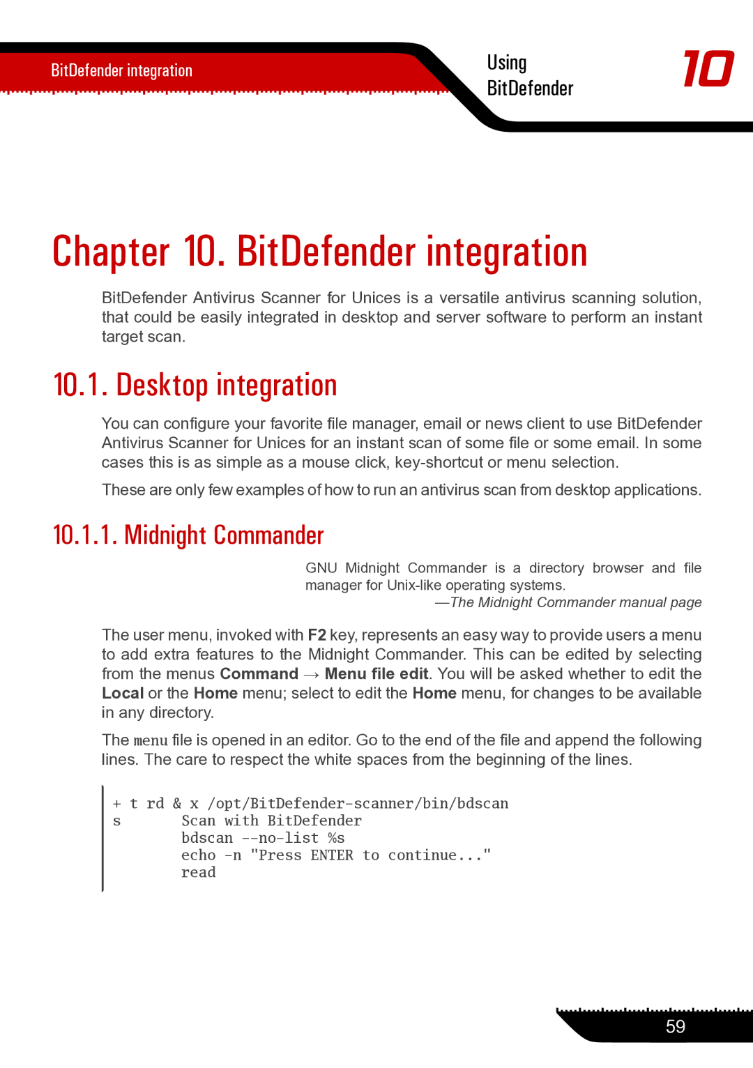 Unisar 1.24.1867 manual BitDefender integration, Desktop integration, Midnight Commander 