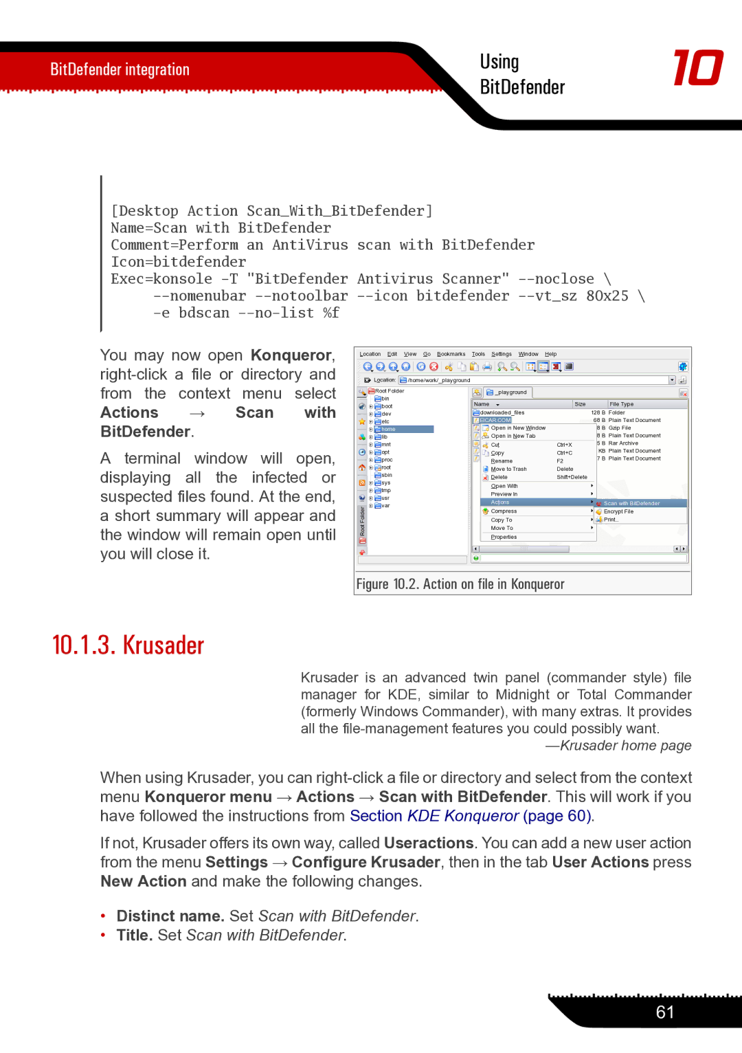 Unisar 1.24.1867 manual Krusader, Action on file in Konqueror 