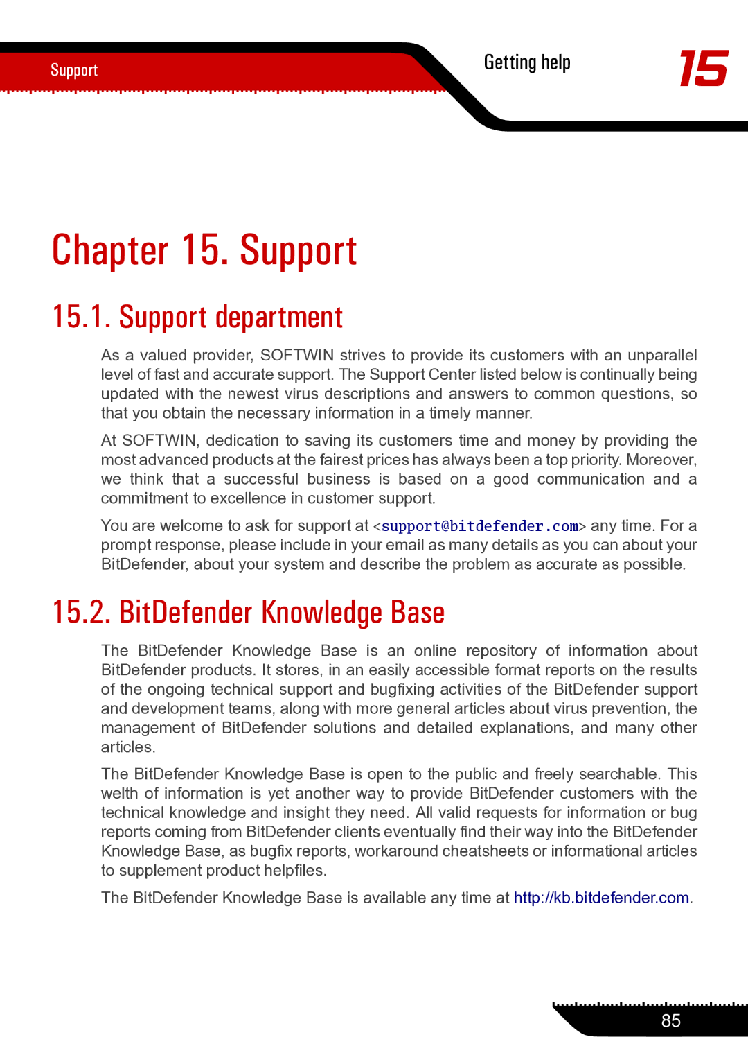 Unisar 1.24.1867 manual Support department, BitDefender Knowledge Base 