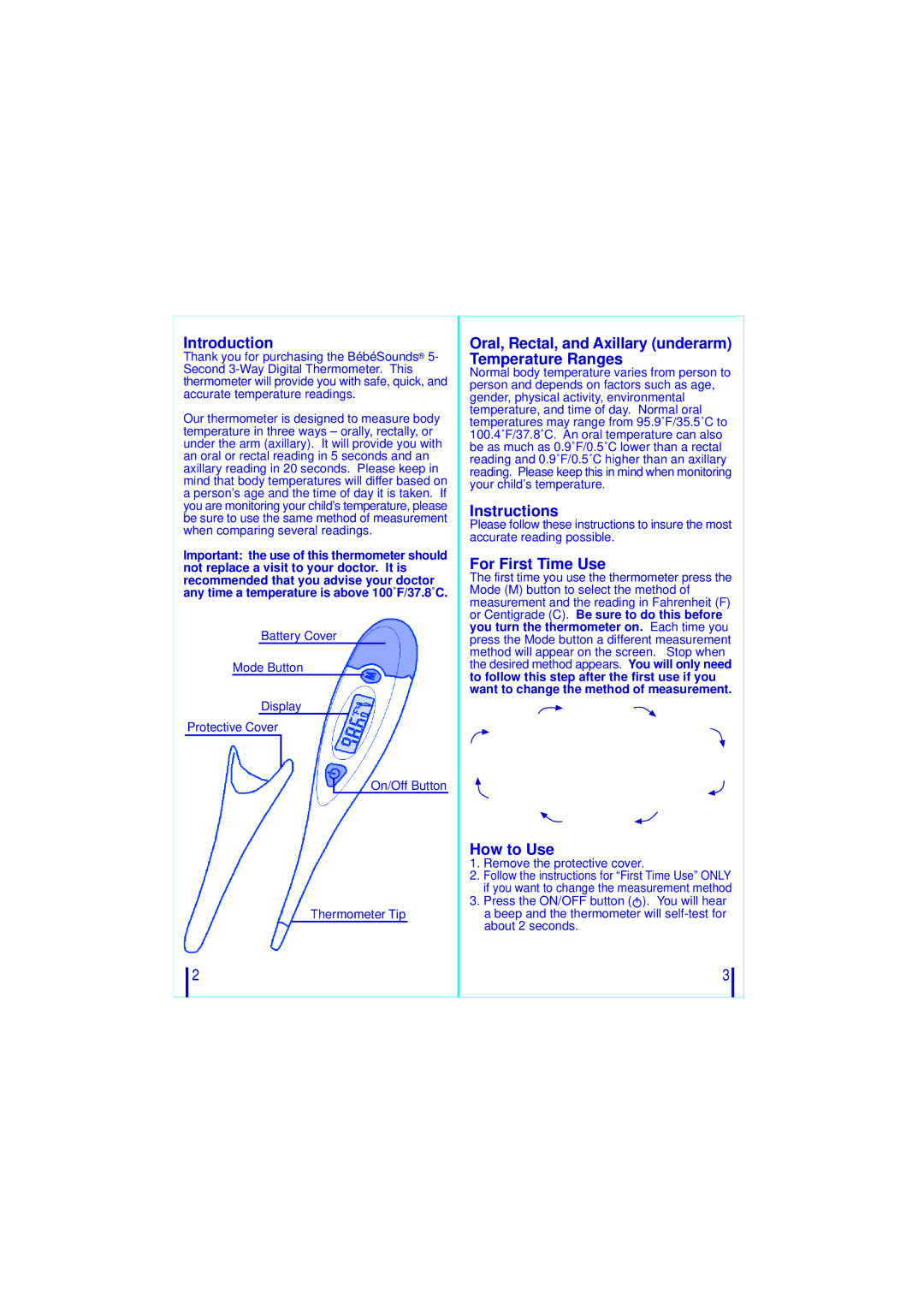 Unisar BR112 manual Introduction, Oral, Rectal, and Axillary underarm Temperature Ranges, Instructions, For First Time Use 