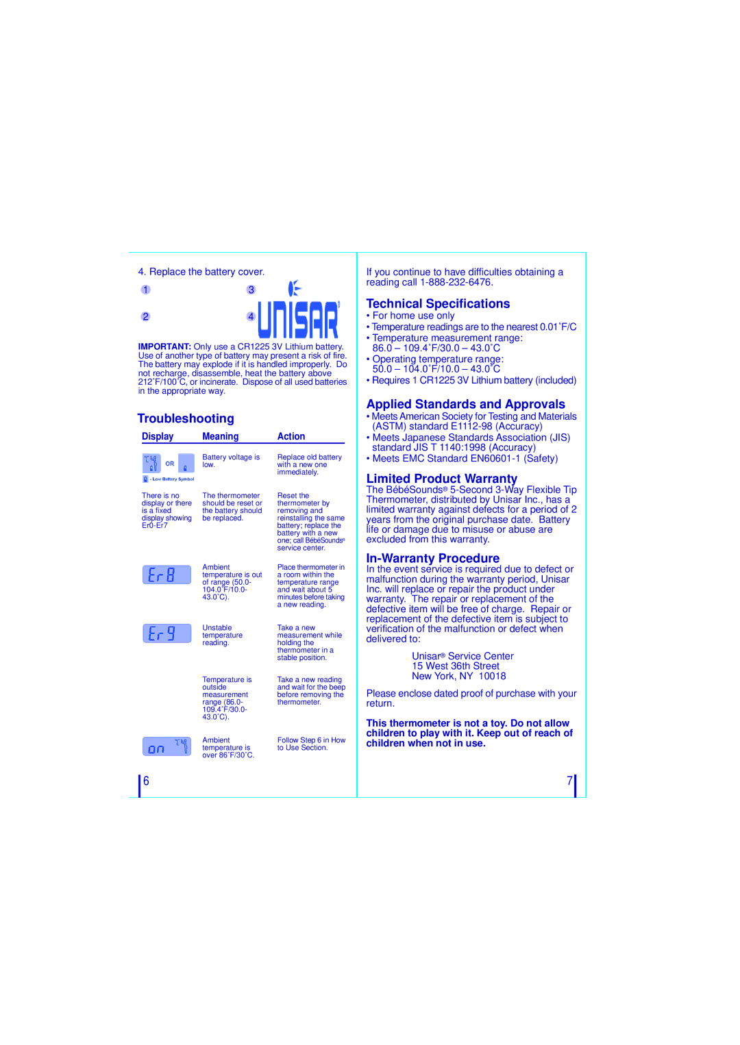 Unisar BR112 manual Troubleshooting, Technical Specifications, Applied Standards and Approvals, Limited Product Warranty 