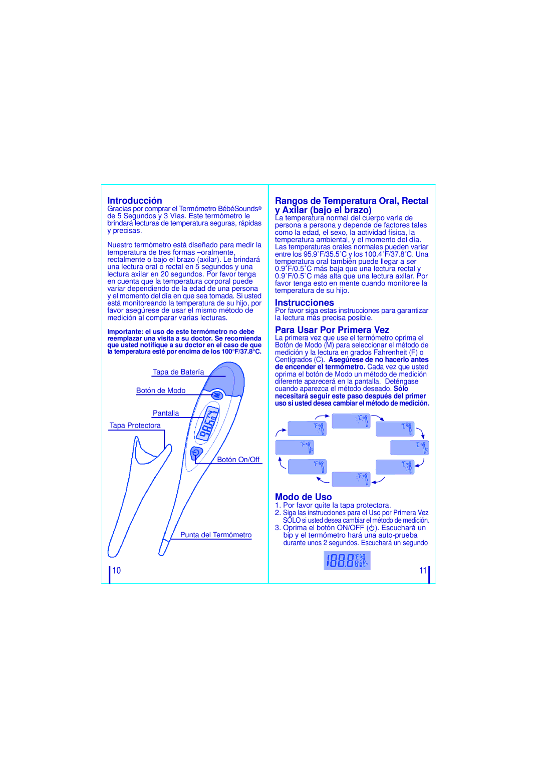 Unisar BR112 manual Introducción, Rangos de Temperatura Oral, Rectal y Axilar bajo el brazo, Instrucciones, Modo de Uso 