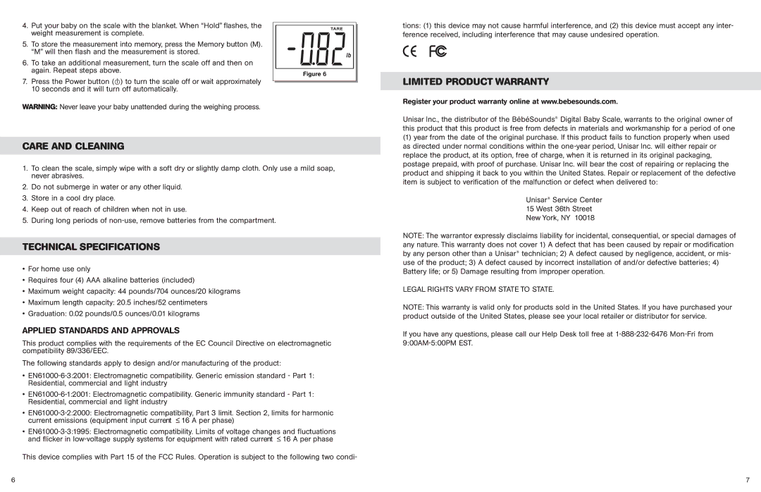 Unisar BR149 manual Care and Cleaning, Technical Specifications, Limited Product Warranty 