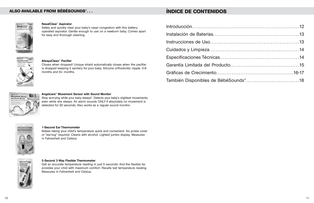 Unisar BR149 manual Índice DE Contenidos, Also Available from Bébésounds 