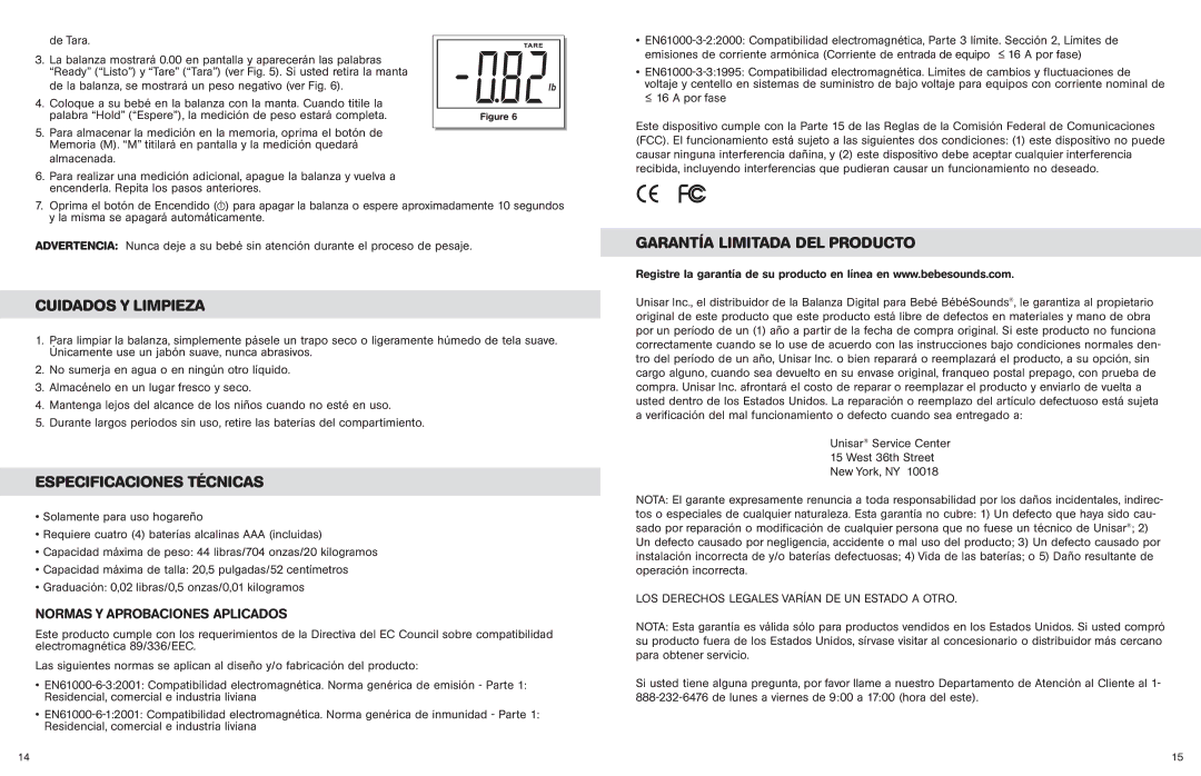 Unisar BR149 manual Cuidados Y Limpieza, Especificaciones Técnicas, Garantía Limitada DEL Producto 