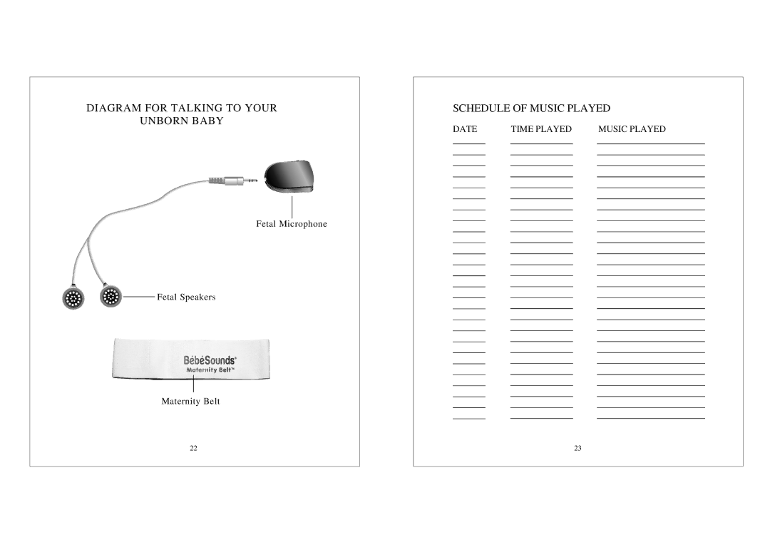 Unisar Prenatal Heart Monitor manual Diagram for Talking to Your Unborn Baby, Schedule of Music Played 