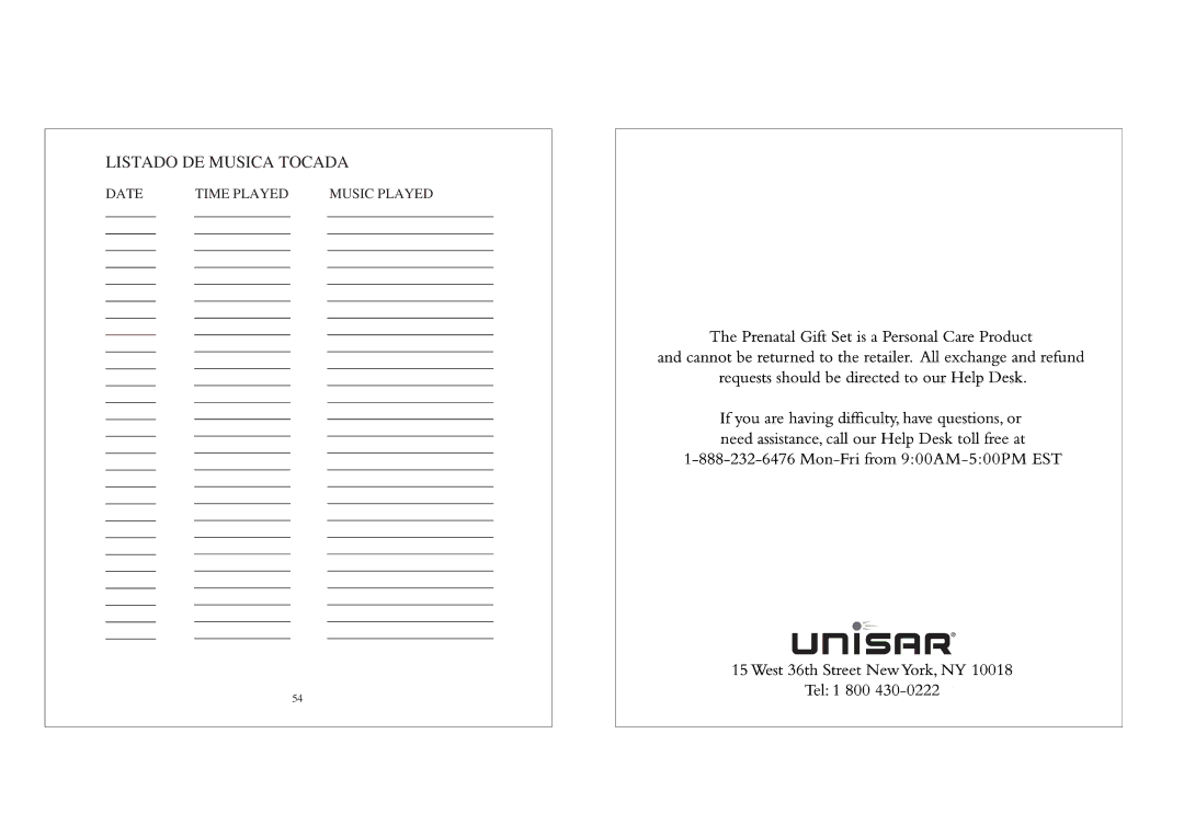 Unisar Prenatal Heart Monitor manual Listado DE Musica Tocada, Date Time Played Music Played 