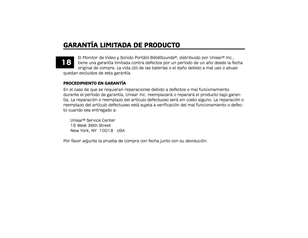 Unisar TV872 manual Garantía Limitada DE Producto, Procedimiento EN Garantía 