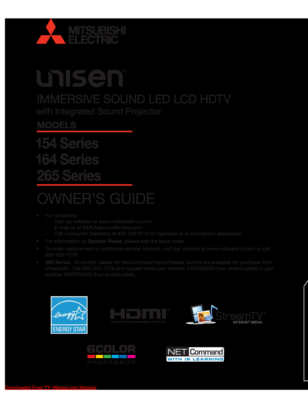 Unisen 154 Series manual Models, Downloaded From TV-Manual.com Manuals, Series 164 Series 265 Series, Owner’S Guide 
