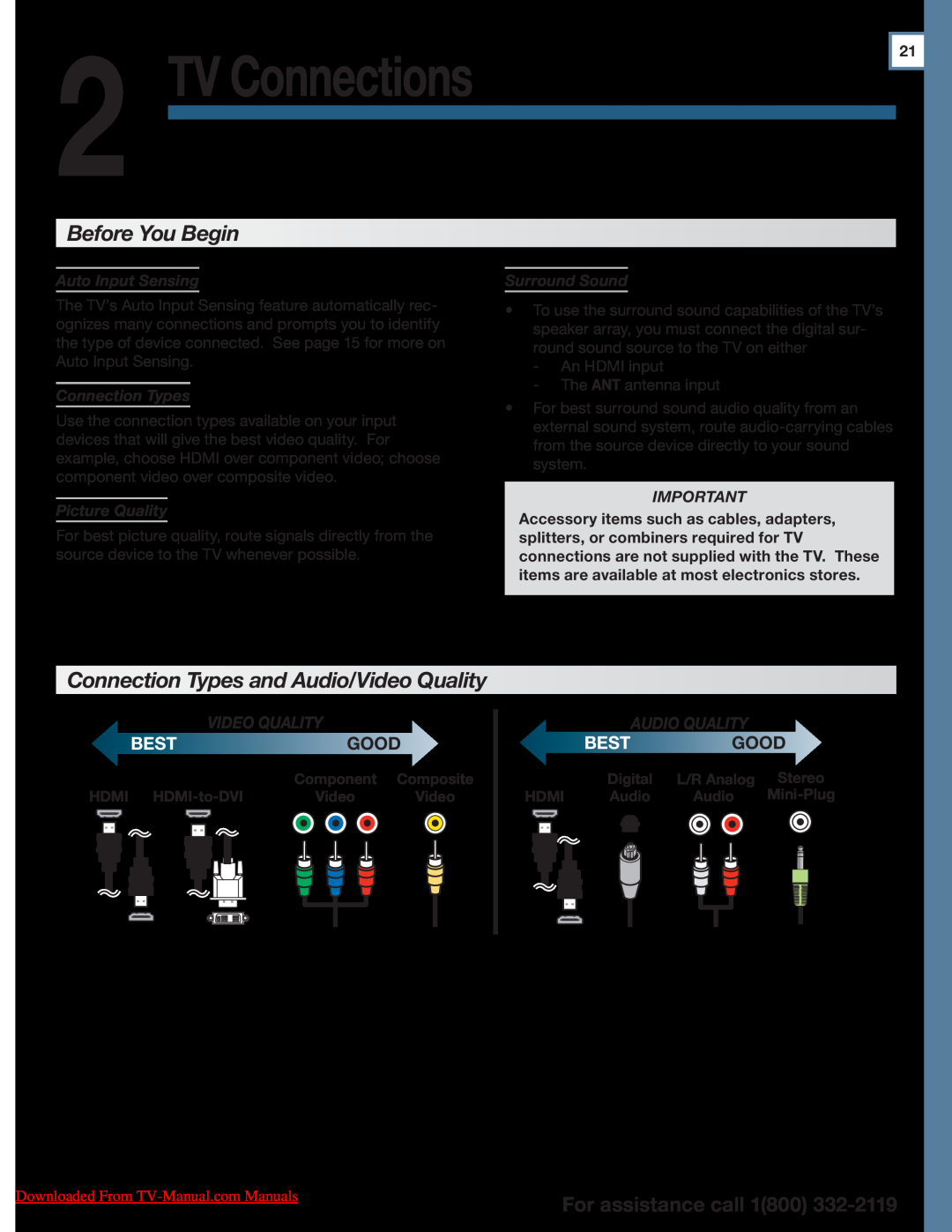 Unisen 154 Series TV Connections, Connection Types and Audio/Video Quality, Auto Input Sensing, Picture Quality, Bestgood 