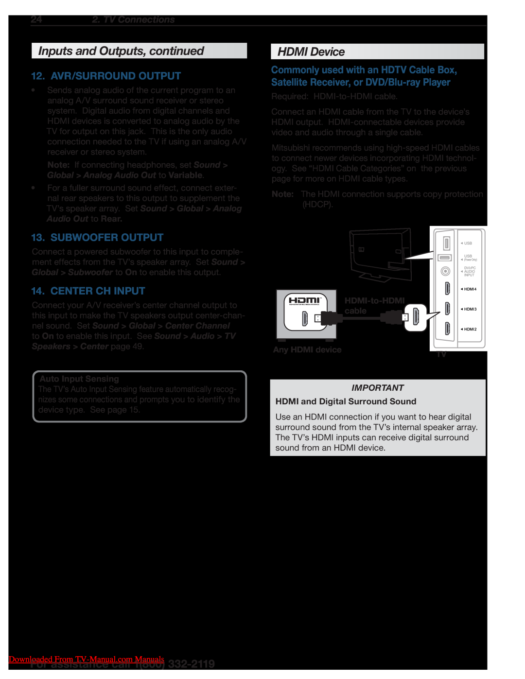 Unisen 154 Series HDMI Device, Avr/Surround Output, Subwoofer Output, Center Ch Input, 24 2. TV Connections, HDMI-to-HDMI 