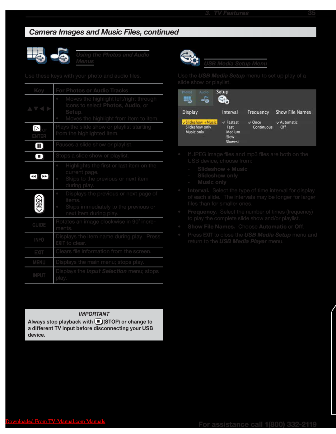 Unisen 265 Series Camera Images and Music Files, continued, Using the Photos and Audio Menus, For Photos or Audio Tracks 