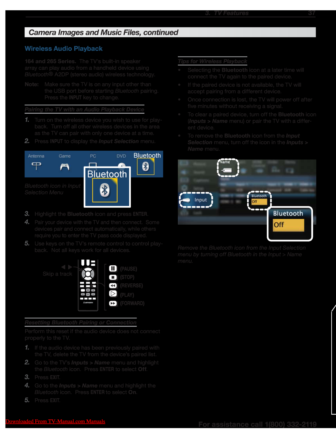 Unisen 164 Series manual Wireless Audio Playback, Pairing the TV with an Audio Playback Device, Skip a track, Pause, Stop 