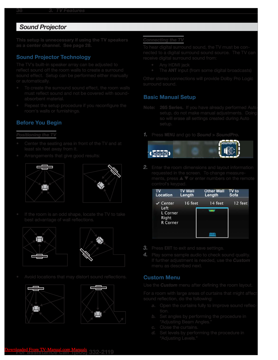 Unisen 265 Series Sound Projector Technology, Before You Begin, Basic Manual Setup, Custom Menu, 38 3. TV Features 