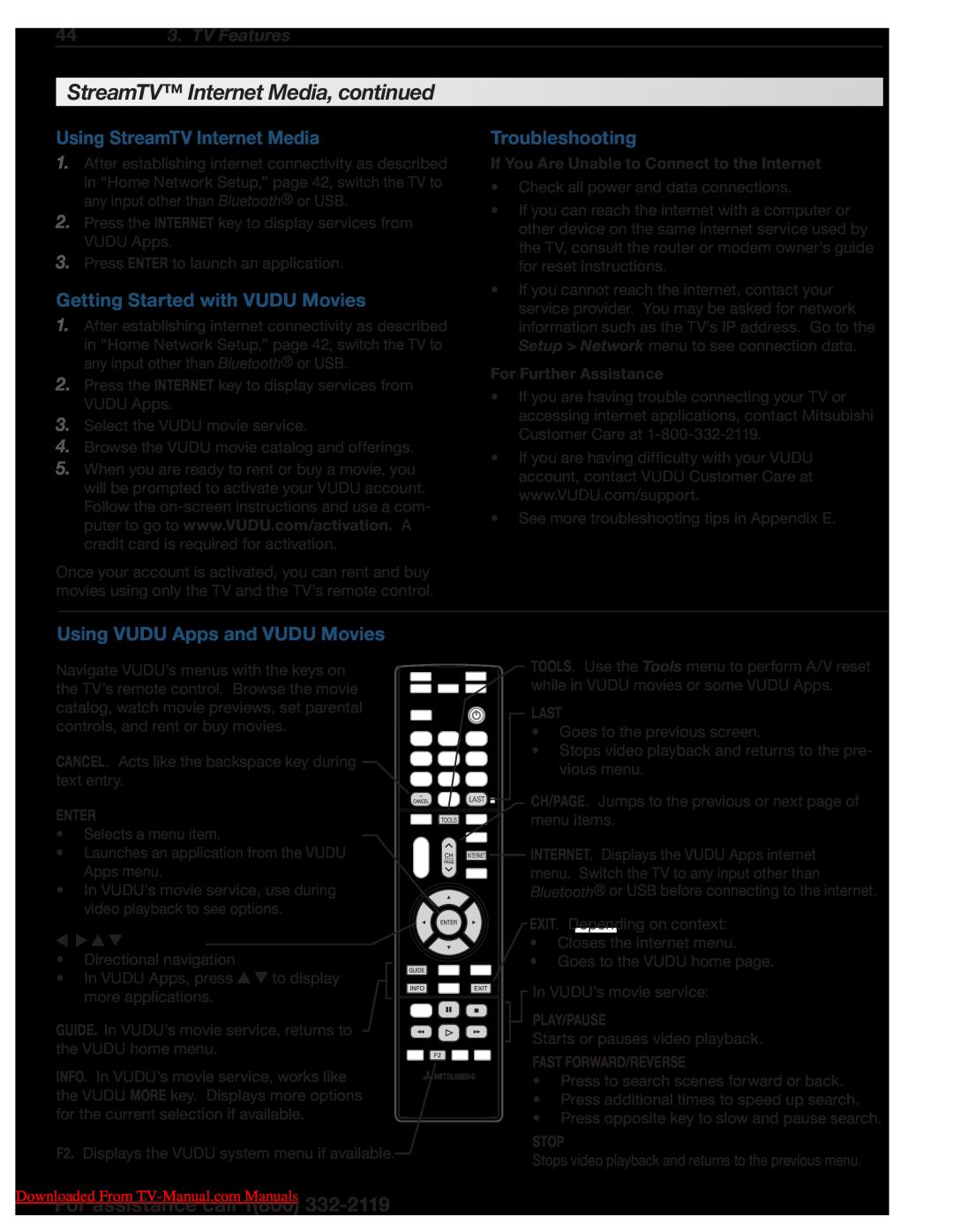 Unisen 265 Series Using StreamTV Internet Media, Getting Started with VUDU Movies, Troubleshooting, 44 3. TV Features 