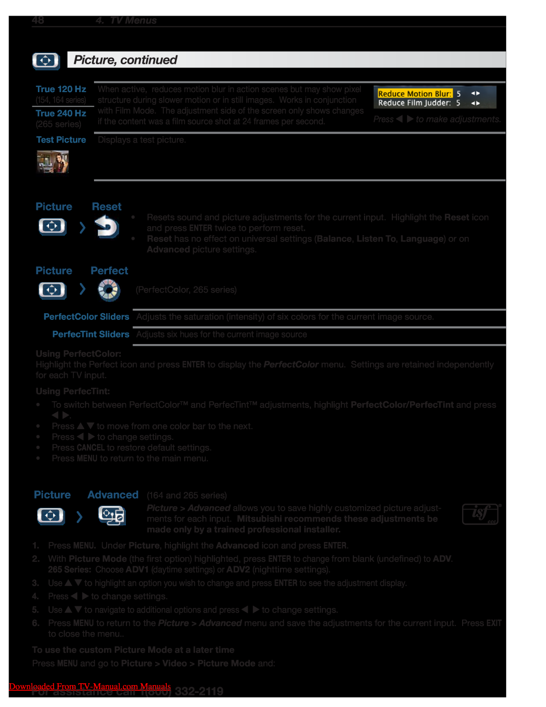 Unisen 154 Series Picture Reset, Picture Perfect, 48 4. TV Menus, True 240 Hz, Test Picture, Press, to make adjustments 