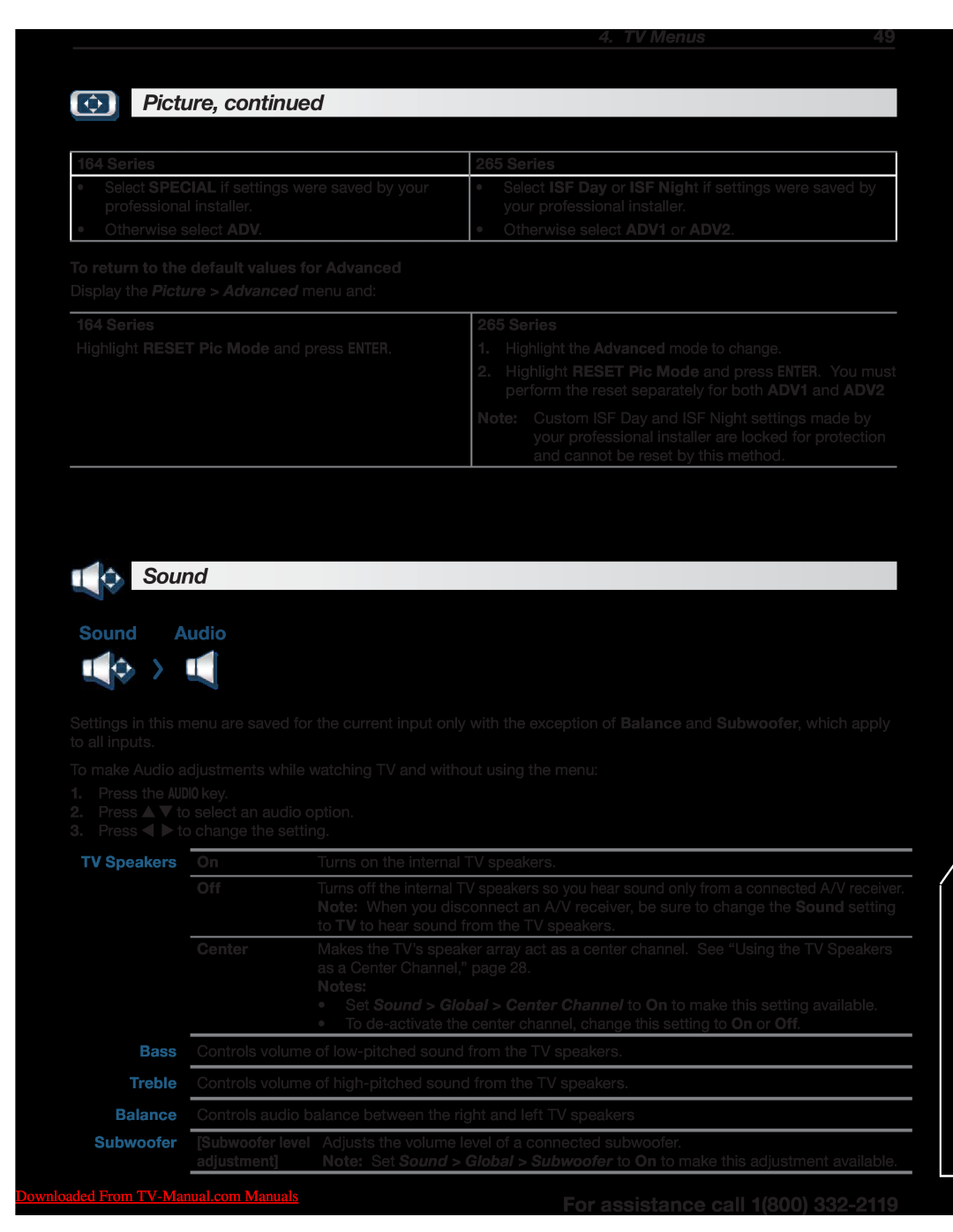 Unisen 164 Series manual Sound Audio, To return to the default values for Advanced, TV Speakers, Center, Bass, Treble 