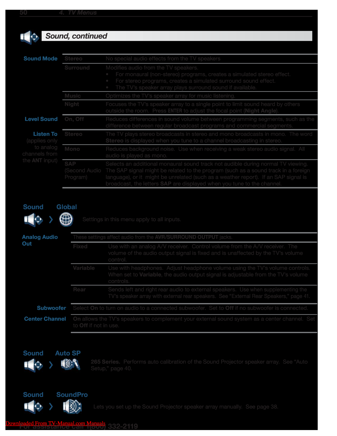 Unisen 265 Series Sound, continued, Sound Global, Auto SP, Sound SoundPro, 50 4. TV Menus, Sound Mode, Stereo, Surround 