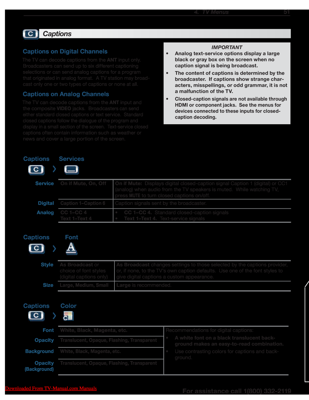 Unisen 154 Series Captions on Digital Channels, Captions on Analog Channels, Services, Font, Color, Caption 1-Caption 