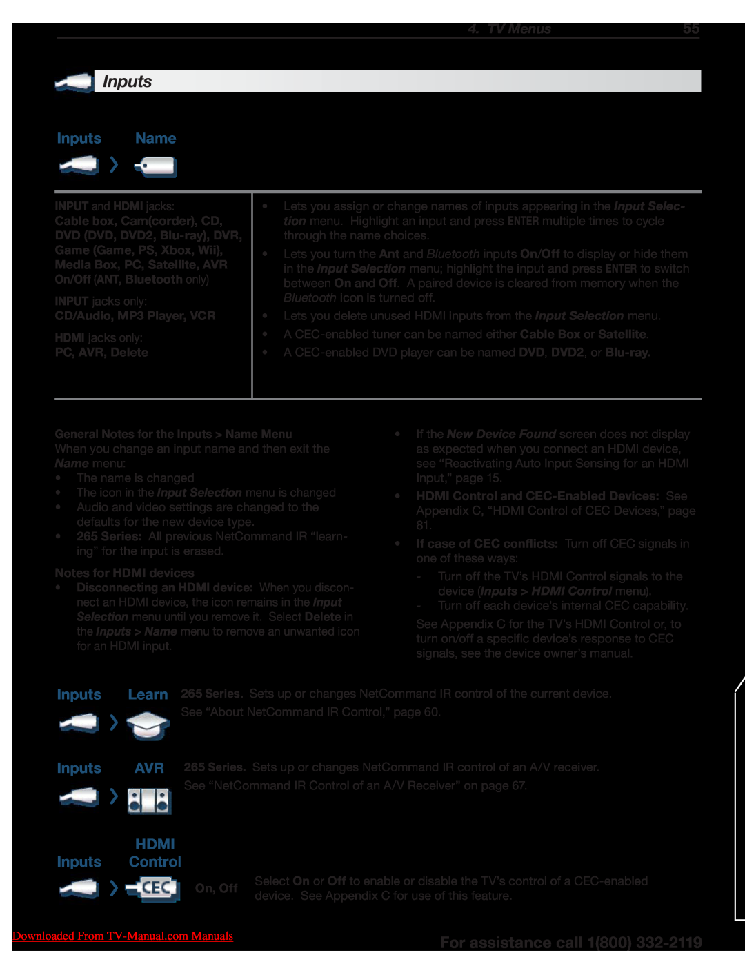 Unisen 164 Series Inputs Name, HDMI Inputs Control, INPUT and HDMI jacks, CD/Audio, MP3 Player, VCR, PC, AVR, Delete 